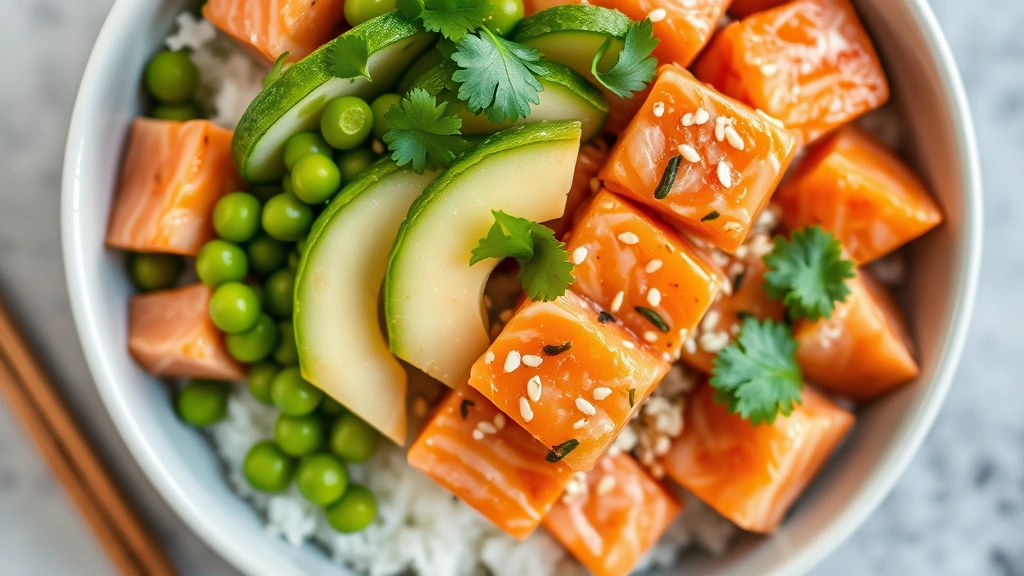 detail: close-up of finished salmon poke bowl from above, showing individual salmon cubes, edamame, cucumber slices, avocado, and sesame seeds arranged artfully, garnished with fresh cilantro, vibrant colors, natural soft lighting, no shadows