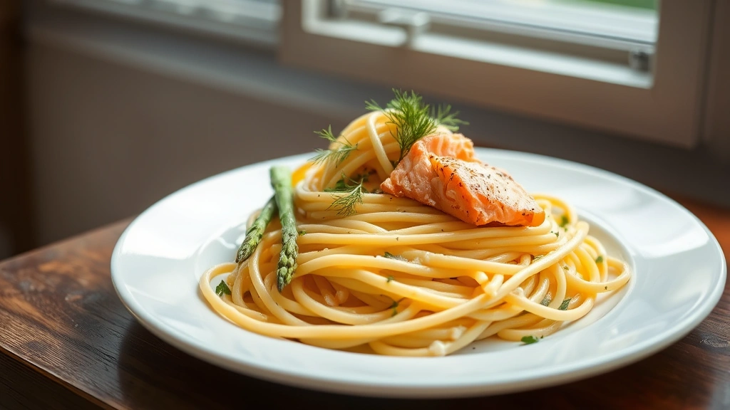 hero: creamy lemon salmon pasta on white plate, flaked salmon visible, fresh dill garnish, asparagus spears, soft natural window light, shallow depth of field, elegant plating