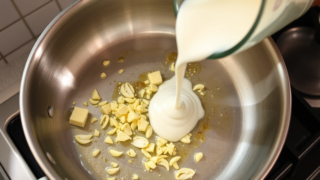 process: butter and garlic sizzling in stainless steel skillet, cream being poured in, steam rising, natural kitchen lighting, overhead angle
