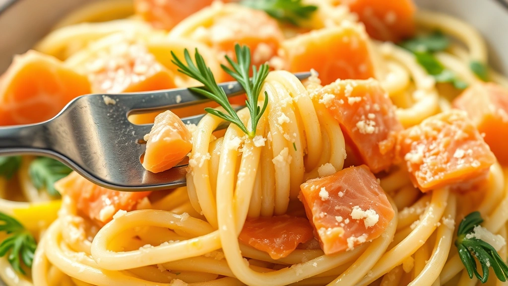 detail: close-up of fork twirling creamy pasta with salmon flakes, fresh dill leaves, lemon zest, Parmesan cheese visible, macro photography, bright natural light