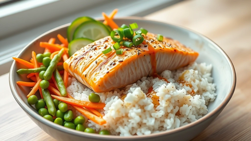 hero: complete salmon rice bowl with seared salmon fillet on top of jasmine rice, surrounded by fresh edamame, sliced cucumber, shredded carrots, sesame seeds, green onions, and drizzle of sesame-ginger sauce, photorealistic, natural window light, professional plating, no text