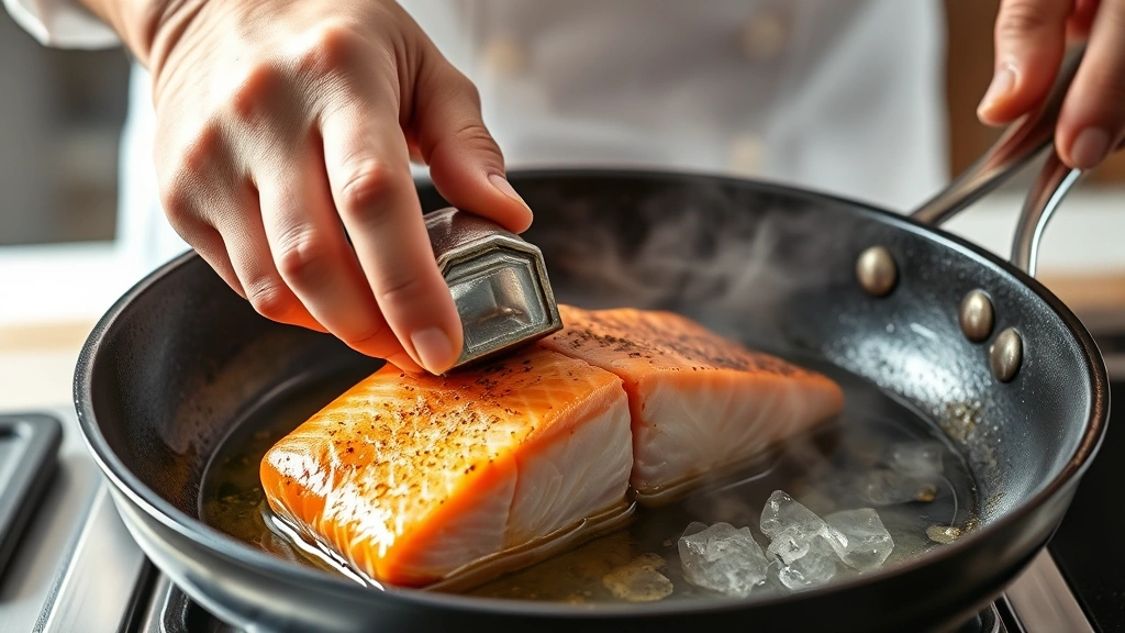 process: chef hands flipping salmon fillet skin-side down in hot skillet with sesame oil, crispy golden skin visible, steam rising, photorealistic, natural kitchen light, no text