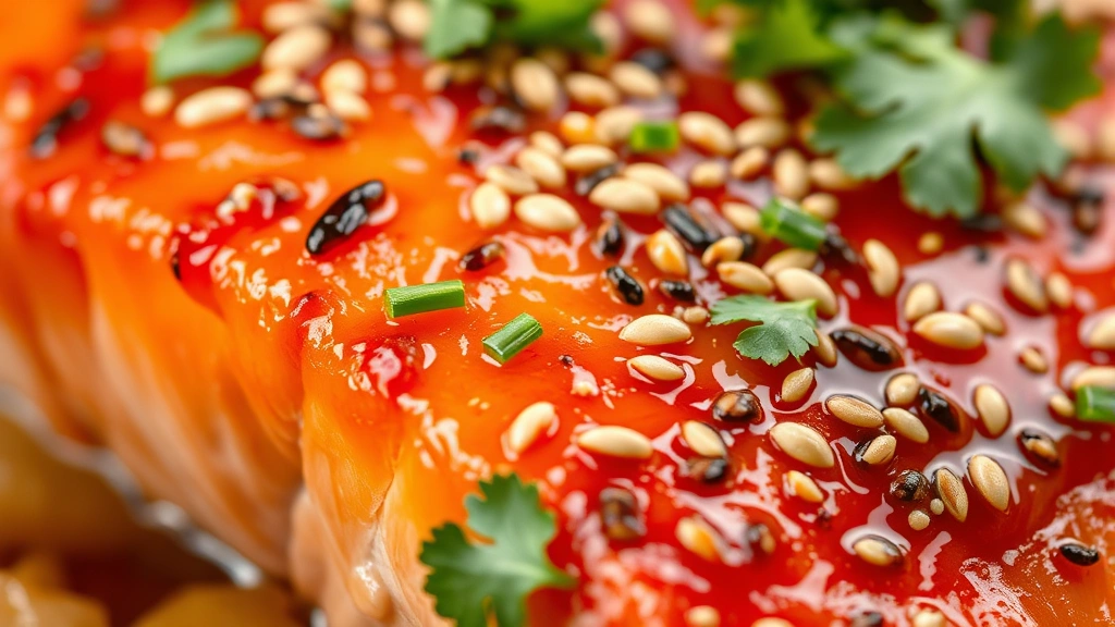 detail: close-up macro shot of crispy salmon skin with glistening sesame sauce, sesame seeds, and fresh cilantro garnish, photorealistic, shallow depth of field, natural light, no text