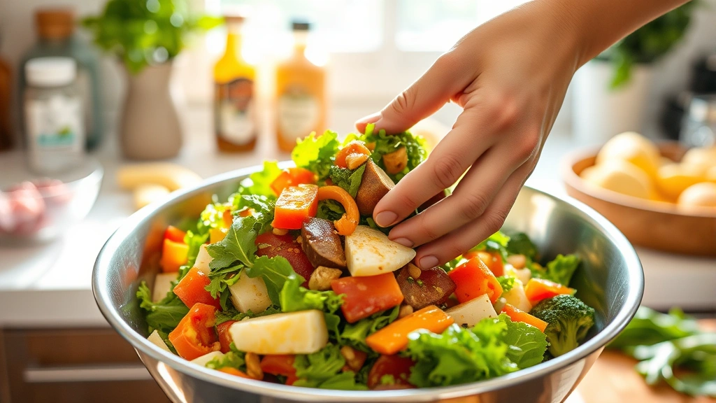 process: hands tossing vegetables with olive oil and garlic dressing in stainless steel bowl, bright kitchen lighting, natural window light, recipe ingredients visible in background, no text