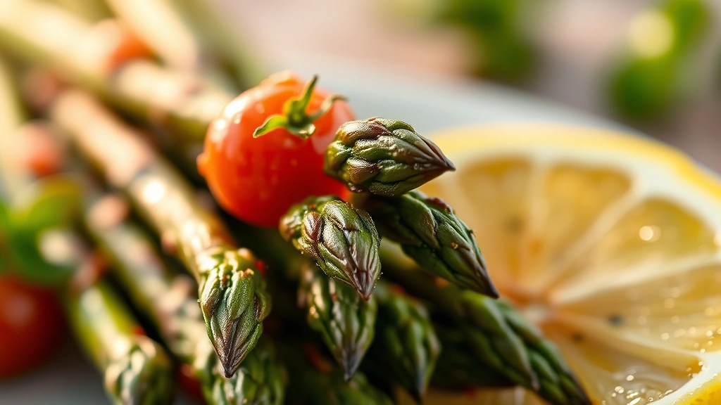 detail: close-up of roasted asparagus spear with burst cherry tomato and herb garnish, shallow depth of field, golden hour lighting, fresh lemon slice nearby, no text