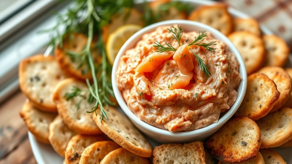 hero: elegant salmon spread garnished with fresh dill and lemon zest in white ceramic bowl surrounded by crackers and crostini, photorealistic, natural window light, overhead shot, no text