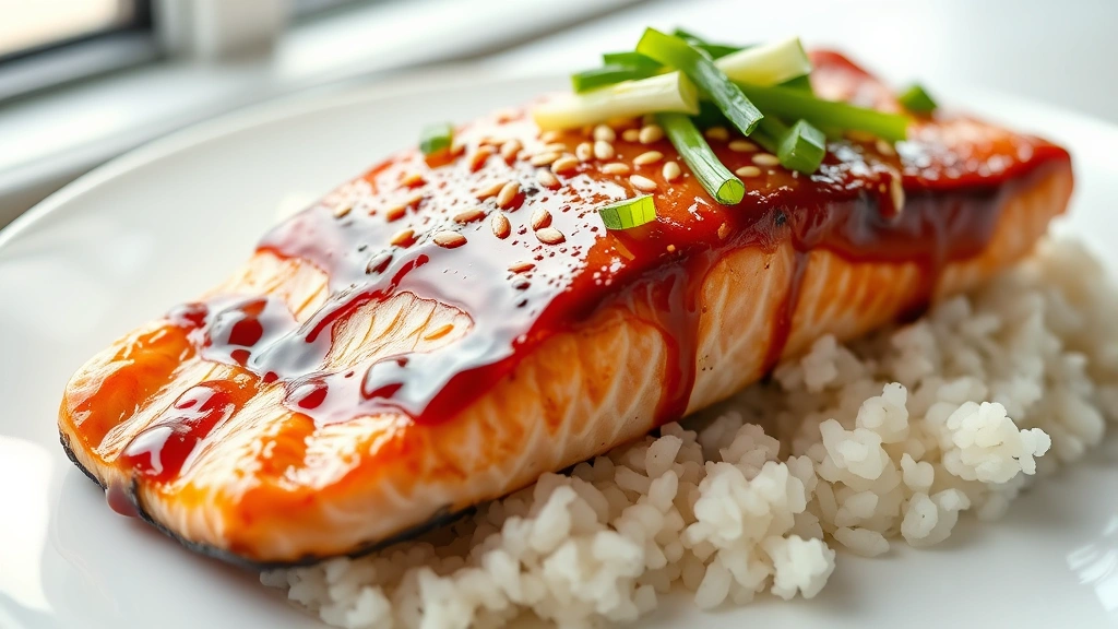 hero: perfectly seared salmon teriyaki with glossy caramelized glaze, sesame seeds and green onions on top, served on white plate with steamed rice, photorealistic, natural window light, no text