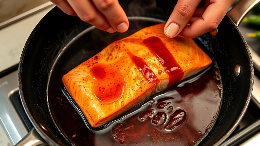 process: hands flipping salmon fillet in skillet with teriyaki sauce, golden crispy skin visible, steam rising, photorealistic, natural kitchen light, no text