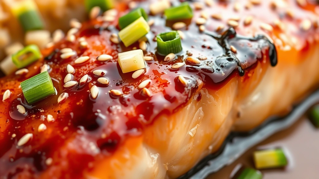 detail: close-up of salmon teriyaki glaze coating the fillet with sesame seeds and green onion garnish, showing crispy skin texture and glossy sauce, photorealistic, natural light, no text