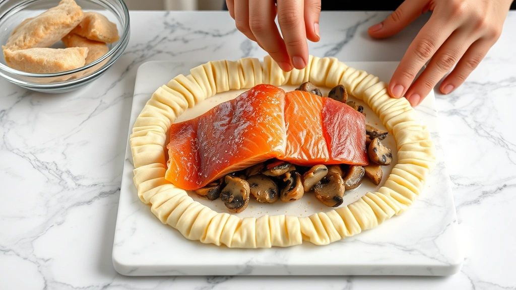 process: hands wrapping salmon fillet in prosciutto and mushroom mixture with puff pastry on marble countertop, photorealistic, natural light, no text