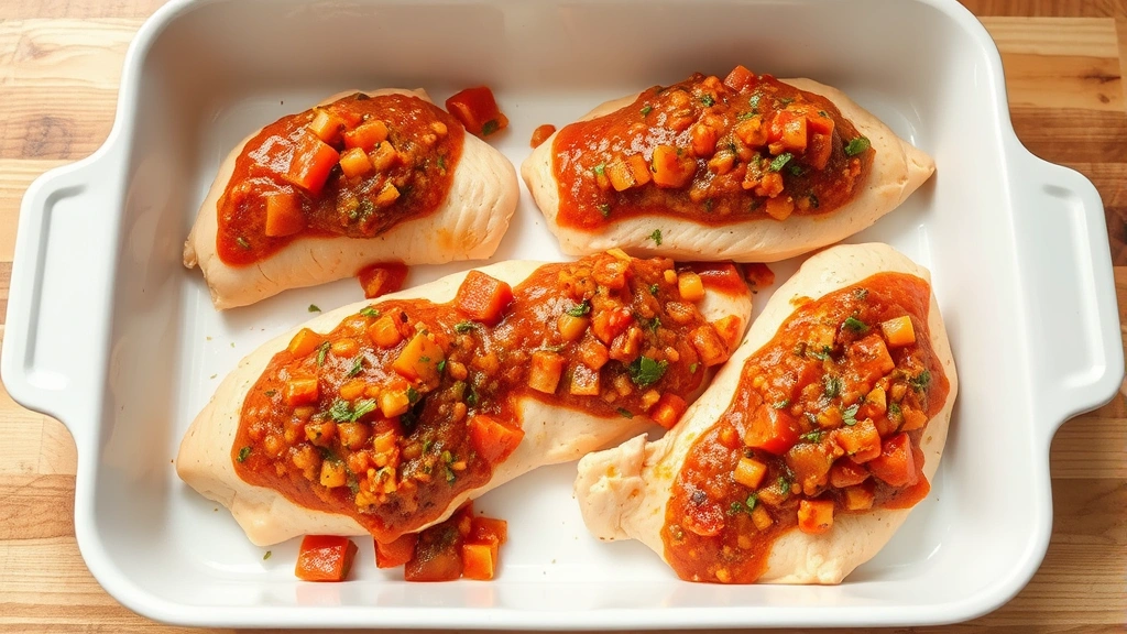 process: chicken breasts being topped with salsa mixture in a white baking dish, photorealistic, natural kitchen light, no text
