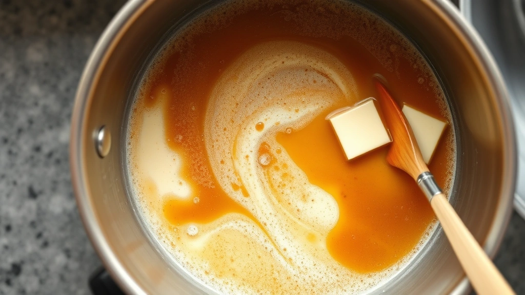 process: overhead shot of amber caramel in stainless steel saucepan with butter and cream being stirred in, bubbling mixture, kitchen counter setting, natural daylight