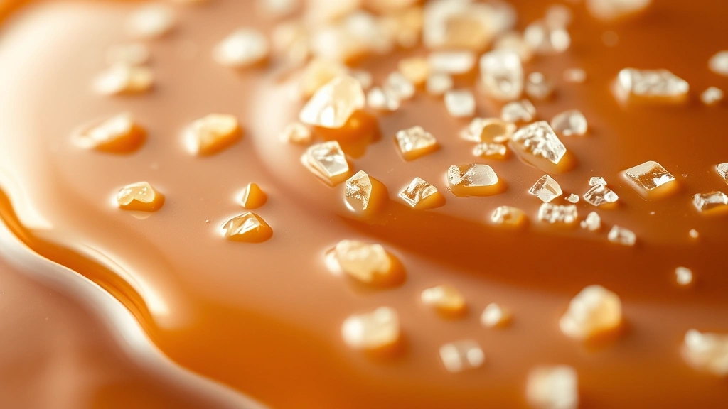 detail: extreme close-up of thick salted caramel sauce with sea salt crystals visible on top, glossy finish, shallow depth of field, warm golden lighting