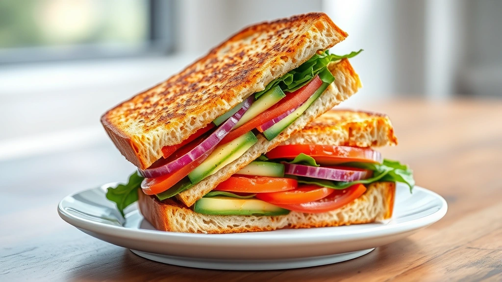 hero: golden-brown toasted vegan sandwich cut diagonally, filled with layers of fresh avocado, tomato, cucumber, red onion, and greens, vibrant colors visible through cross-section, sitting on white ceramic plate, natural window light, no text