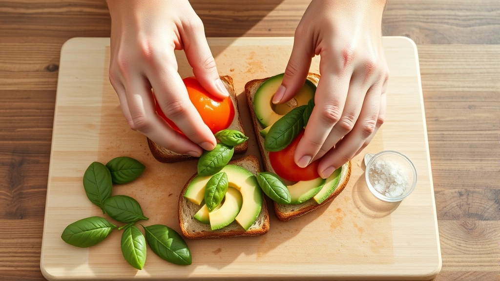 process: hands layering fresh vegetables on toasted bread, avocado slices and basil leaves, stainless steel cutting board, bright natural daylight from side, no text