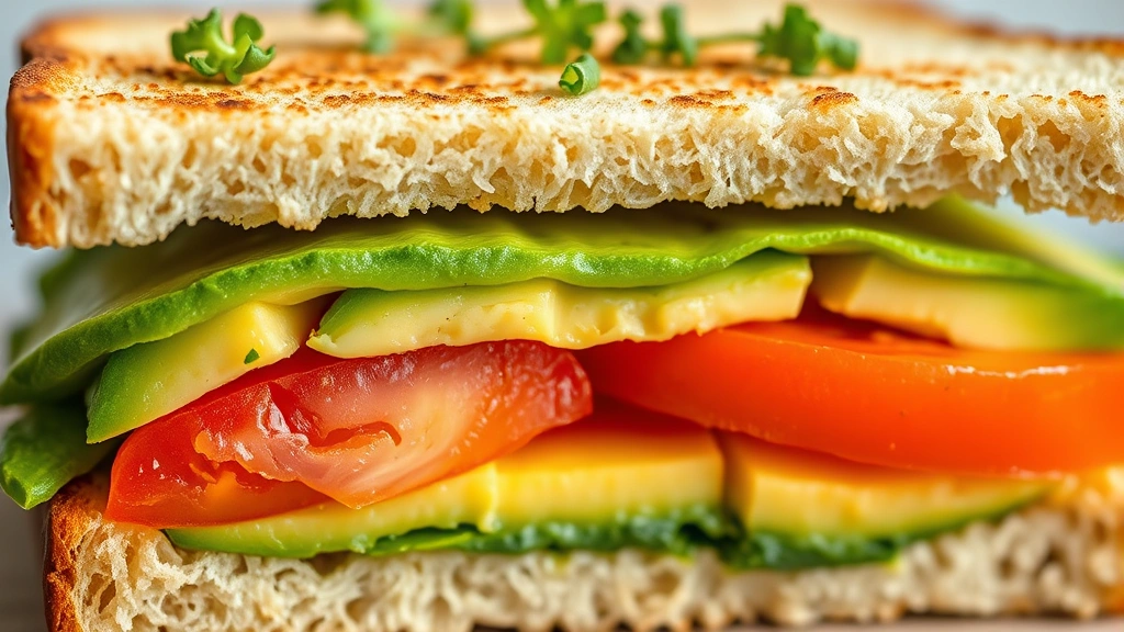 detail: close-up cross-section of sliced sandwich showing perfect layers of creamy avocado, vibrant red tomato, crispy toast edges, fresh green herbs, shallow depth of field, natural light, no text