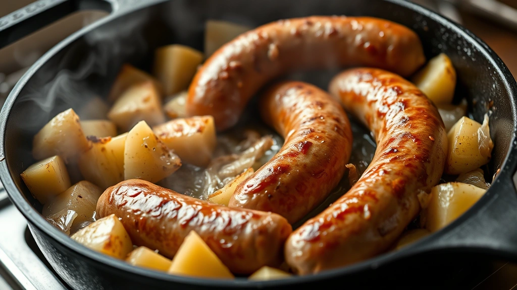 process: browning Italian sausages in cast iron skillet with potatoes and onions, golden crusts forming, steam rising, photorealistic, natural light, no text