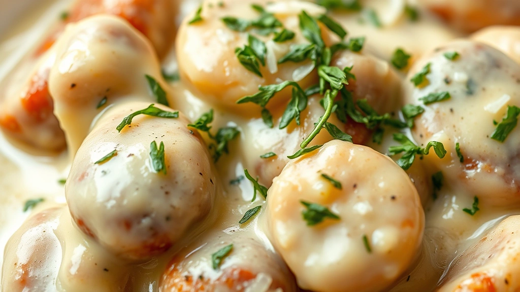 detail: close-up of creamy sauce coating potatoes and sausage with fresh herbs sprinkled on top, Parmesan shavings visible, photorealistic, natural light, no text