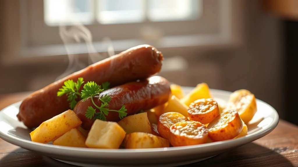 hero: perfectly roasted sausages and golden crispy potatoes on a white plate with fresh parsley garnish, steam rising, warm natural window light, shallow depth of field, food photography, appetizing