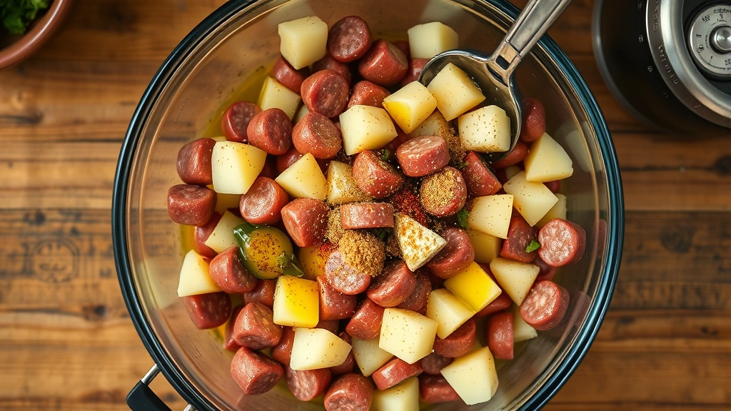 process: raw sausages and diced potatoes being tossed with olive oil and seasonings in a large mixing bowl, ingredients visible, natural daylight, overhead angle, rustic kitchen setting
