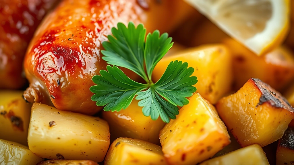 detail: close-up macro shot of a golden-brown sausage with crispy caramelized exterior and roasted potato cubes, fresh parsley leaf, lemon wedge, shallow focus, professional food photography