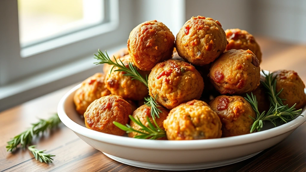 hero: golden brown sausage balls piled high on a white ceramic platter with fresh rosemary garnish, photorealistic, natural window light, shallow depth of field, no text