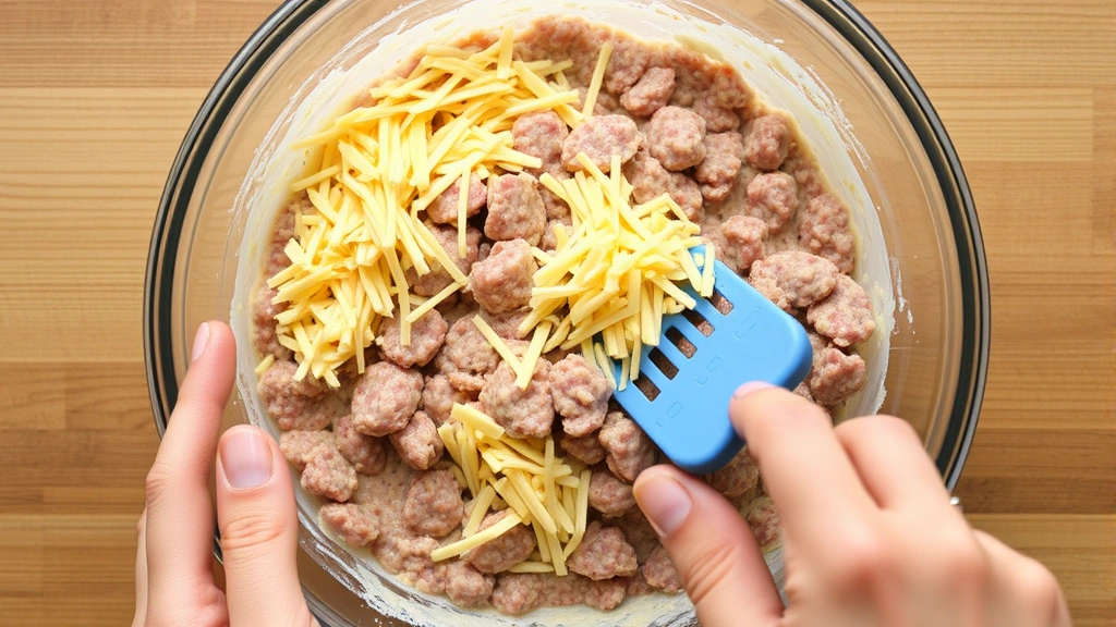 process: hands mixing raw sausage mixture with Bisquick and cheese in a glass bowl, photorealistic, natural light, close overhead angle, no text