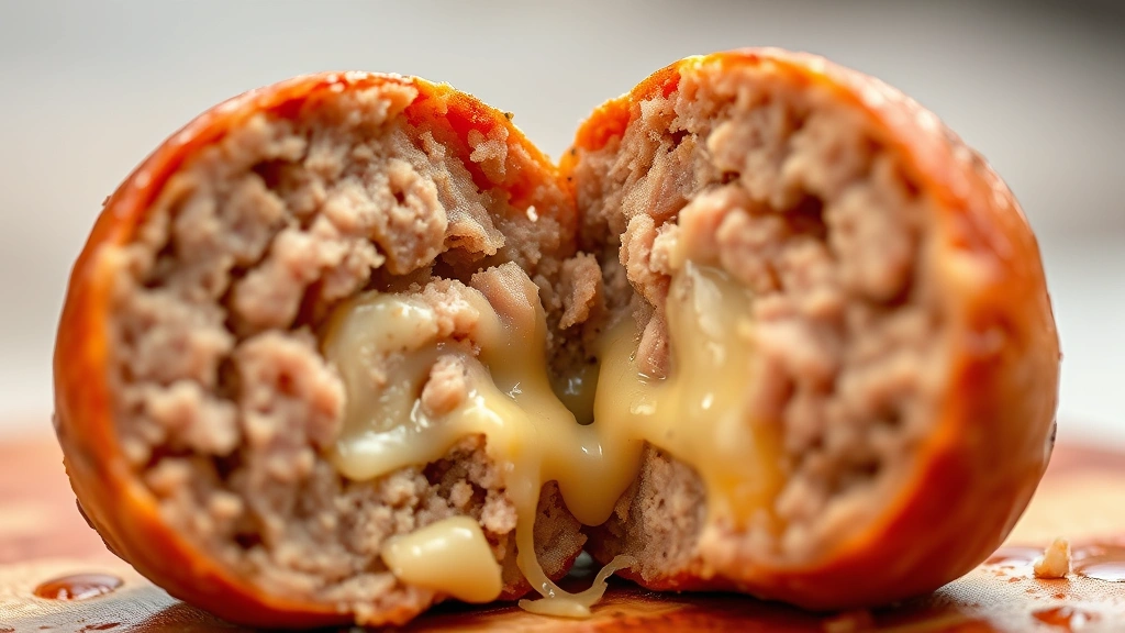 detail: close-up of single sausage ball cut in half showing fluffy interior and melted cheese, photorealistic, natural light, macro photography, no text