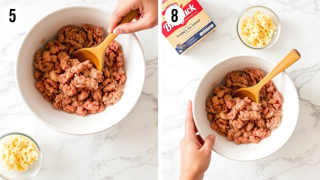 process: hands mixing raw sausage mixture in white ceramic bowl with wooden spoon, Bisquick box and shredded cheddar visible, natural daylight, no text, marble countertop