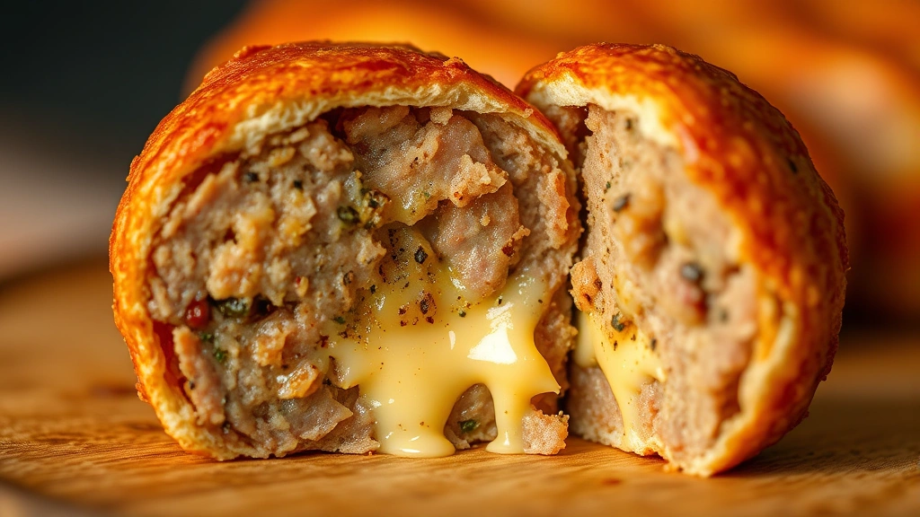 detail: close-up of single sausage ball cut in half showing golden crispy exterior and seasoned sausage interior with melted cheese, shallow depth of field, warm natural light, no text