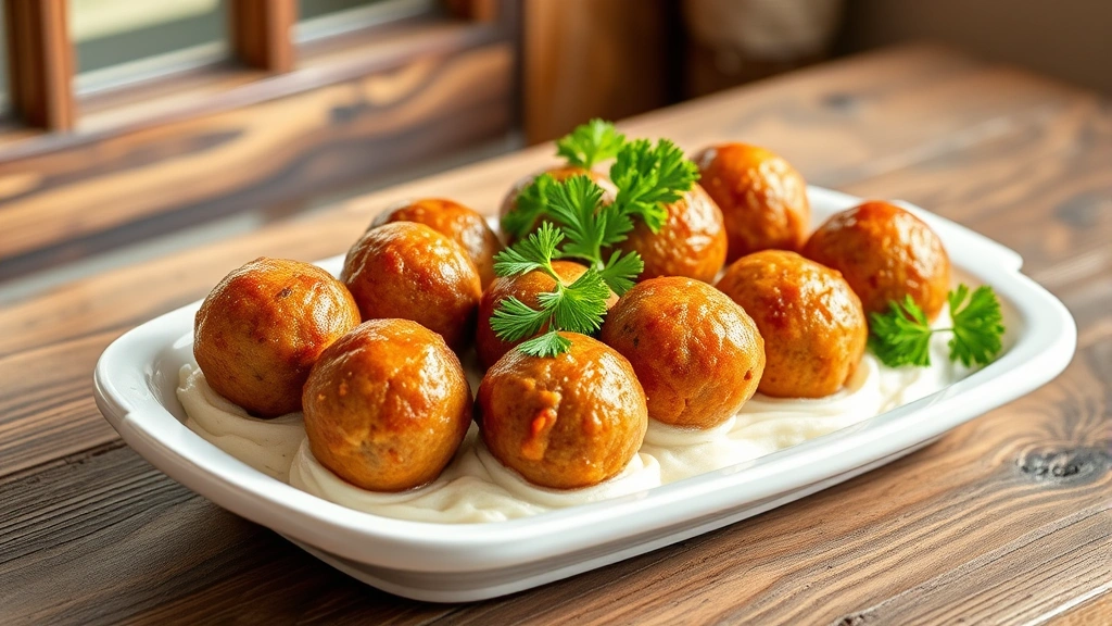 hero: golden-brown sausage balls arranged on a white platter with fresh parsley garnish, warm steam visible, natural window light, rustic wooden table background, no text or watermarks