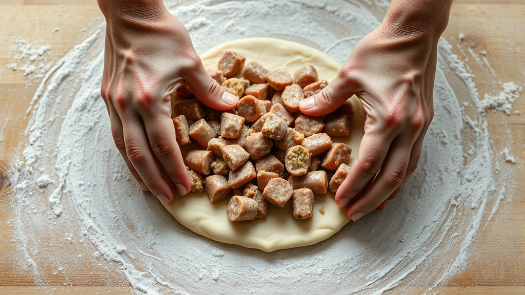 process: hands rolling sausage filling in dough on floured surface, photorealistic, natural light, no text, close action shot