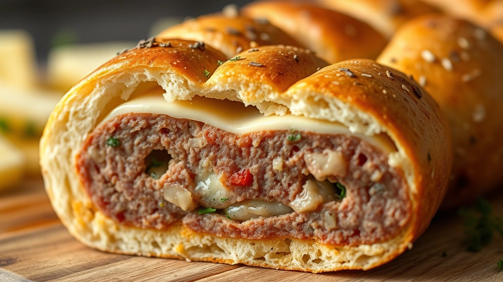 detail: cross-section of sausage bread showing layers of sausage, cheese and herbs, photorealistic, natural light, no text, macro photography