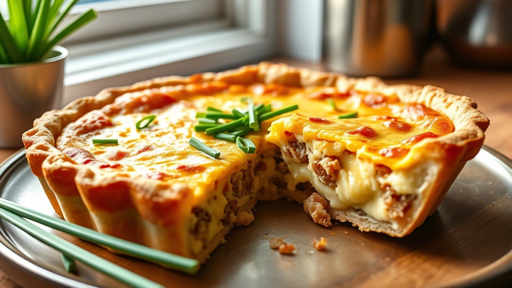 hero: golden-brown sausage quiche with melted cheese and fresh chives garnish, sliced wedge showing creamy interior, photorealistic, natural morning light through kitchen window, no text