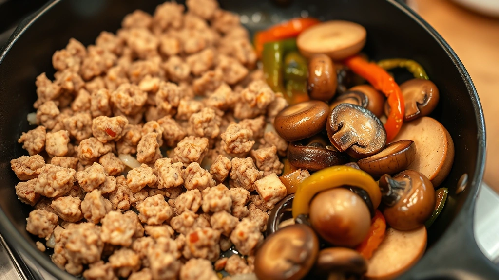 process: crumbled breakfast sausage browning in cast iron skillet, sautéed mushrooms and peppers, photorealistic, warm kitchen lighting, no text