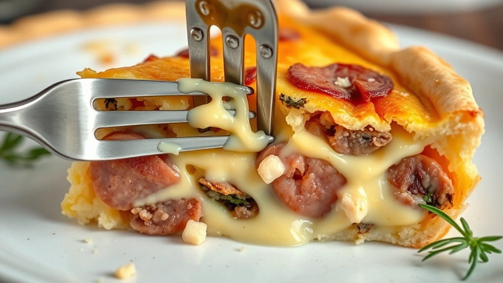 detail: close-up of quiche slice showing layers of sausage, cheese, and creamy custard filling, fork cutting through, photorealistic, soft natural light, no text