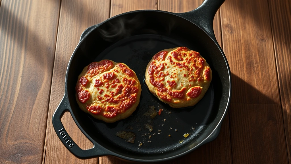 hero: overhead flat lay of fresh sausage patties sizzling in a cast iron skillet, golden brown, steam rising, natural morning light from left side, rustic wooden surface, no text