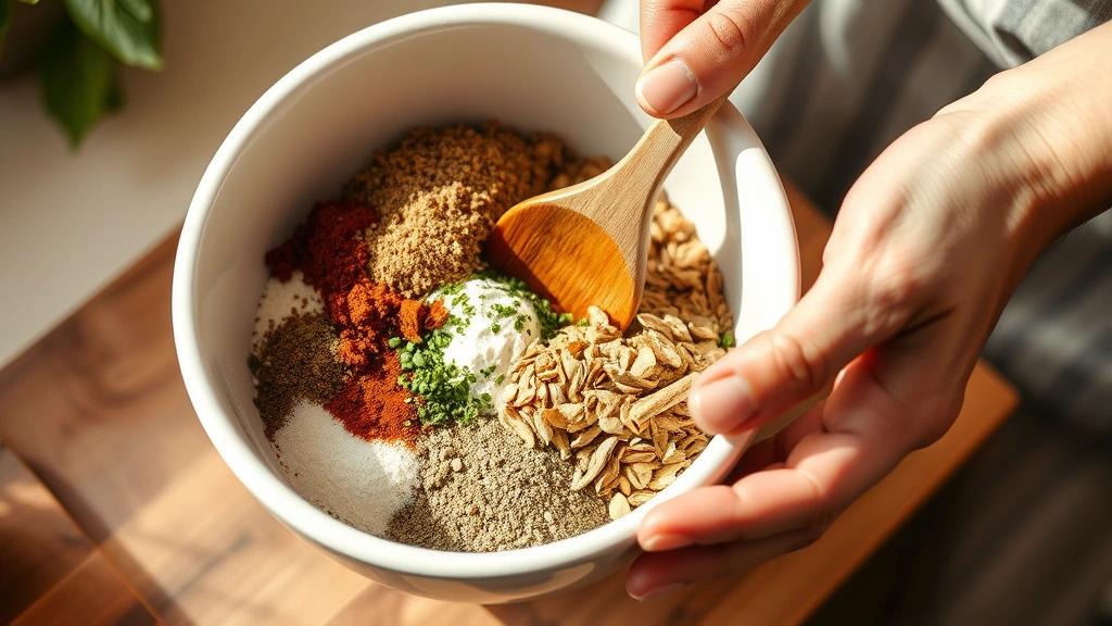 process: hands mixing spices and herbs together in a white ceramic bowl, wooden spoon stirring, ingredients visible, warm natural daylight, kitchen setting, no text