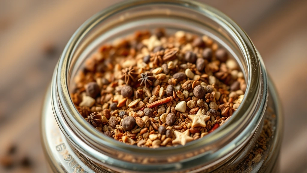 detail: close-up macro shot of the finished sausage seasoning blend in a glass jar, showing texture and individual spices, soft natural light, shallow depth of field, no text