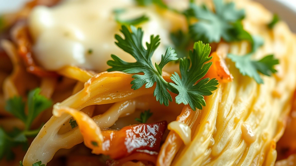 detail: close-up of caramelized cabbage edges showing golden-brown color, fresh parsley on top, creamy butter coating, shallow depth of field, soft natural lighting
