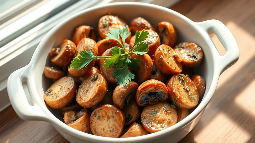 hero: golden brown sautéed mushrooms in a white ceramic serving bowl with fresh parsley garnish, photographed in natural window light with a soft shadow, no text