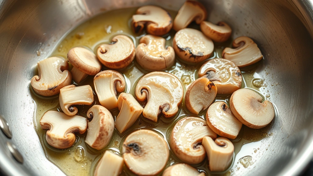 process: mushroom pieces sizzling in a stainless steel skillet with melted butter and oil, showing the golden crust formation, natural diffused lighting, no text