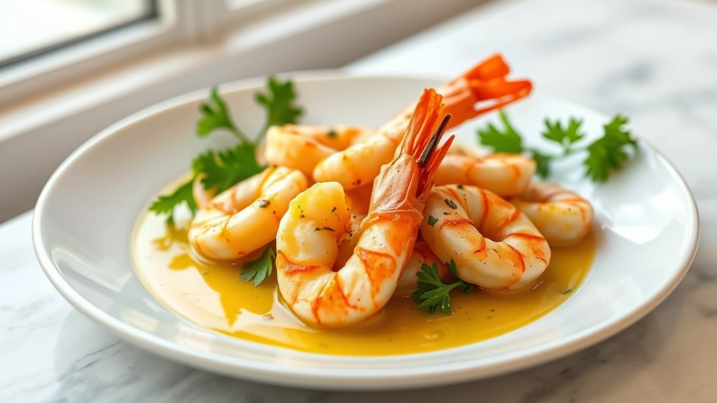 hero: plate of golden sautéed shrimp with garlic butter lemon sauce, fresh parsley garnish, creamy white plate, elegant plating, photorealistic, natural window lighting, shallow depth of field, food photography, no text