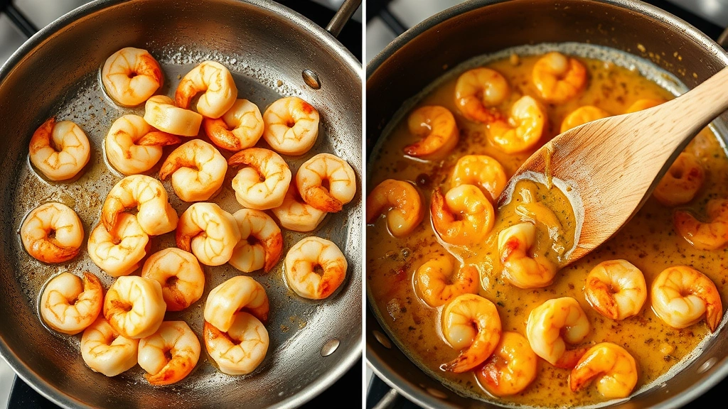 process: shrimp sizzling in hot skillet with butter, mid-cooking, golden brown shrimp, pan sauce forming, wooden spoon stirring, photorealistic, warm kitchen lighting, action shot, no text