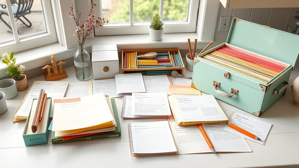 hero: organized recipe collection spread across a preppy kitchen desk with handwritten recipe cards, color-coded folders, and a vintage recipe box, photorealistic, natural light from a window, no text, styled with soft pastels and botanical elements