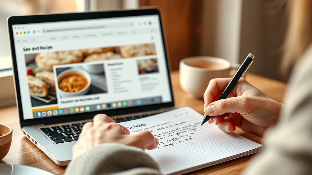 process: someone writing notes on a recipe card while a laptop displays a recipe website, photorealistic, warm natural window light, no text, showing the act of organizing and saving recipes