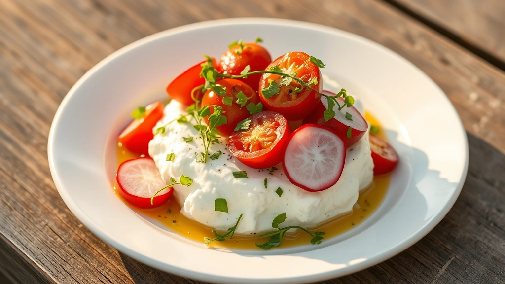 hero: creamy cottage cheese topped with roasted cherry tomatoes, radish slices, fresh herbs, and microgreens on a white ceramic plate, golden hour natural light, minimalist plating, no text