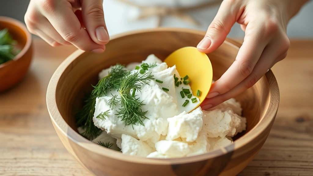 process: hands gently folding fresh dill and chives into cottage cheese with a rubber spatula, wooden bowl, bright kitchen light, no text