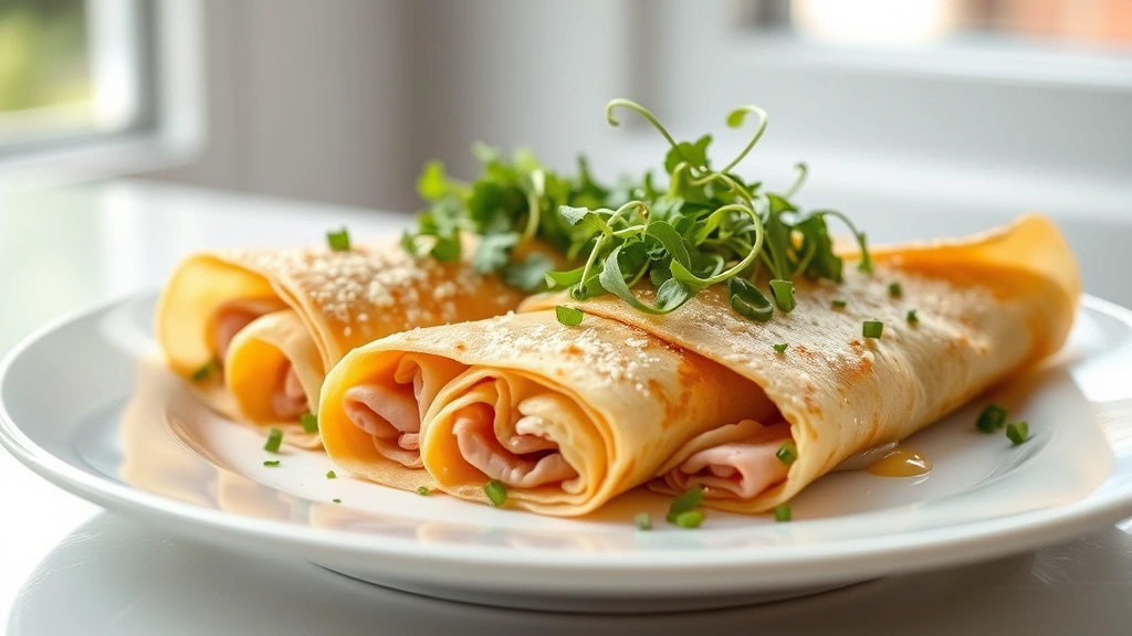 hero: beautifully plated savory crepes with ham and cheese filling, garnished with fresh herbs and microgreens, natural window light, elegant white plate, shallow depth of field, professional food photography