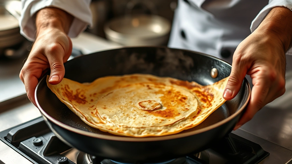 process: chef's hands flipping a crepe in a nonstick pan, golden-brown crepe mid-flip, steam visible, warm kitchen lighting, action shot, close-up perspective